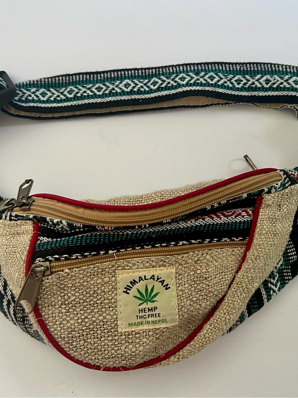 Himalayan Hemp THC Free Tan & Green Woven Fanny Pack Made in Nepal